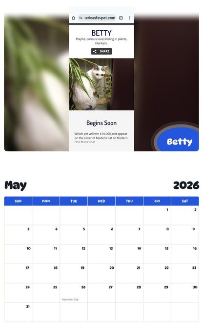 2026 - 2027 Betty - Pawidols Pet Calendar
