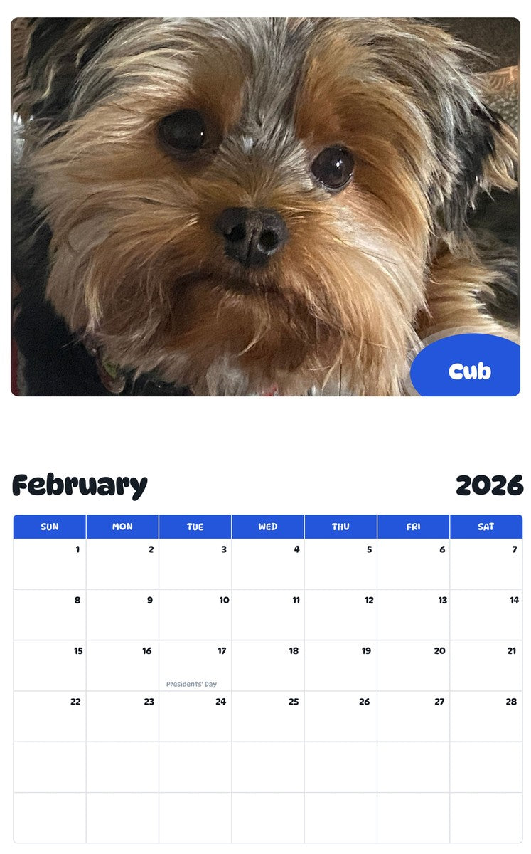November 2025 - October 2026 Cub - Pawidols Pet Calendar