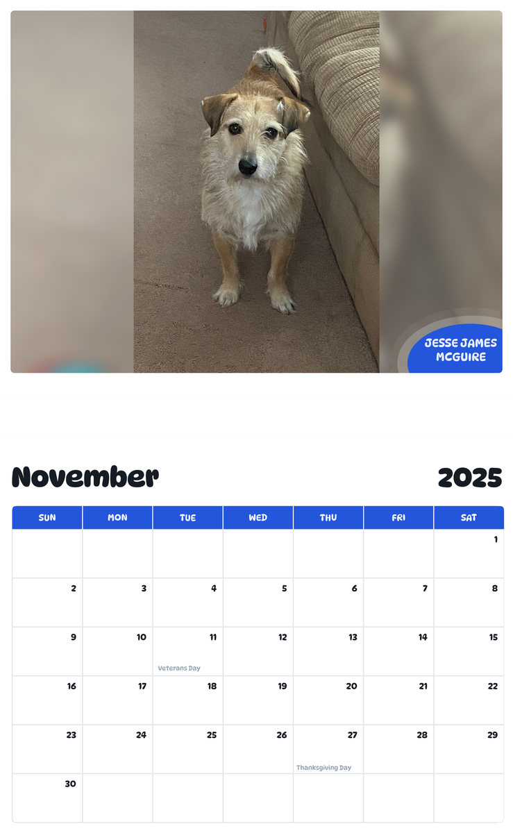 July 2025 - June 2026 Jesse James McGuire - Pawidols Pet Calendar