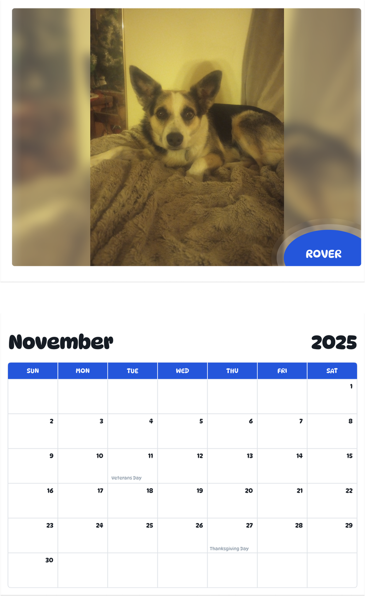 July 2025 - June 2026 Rover - Pawidols Pet Calendar