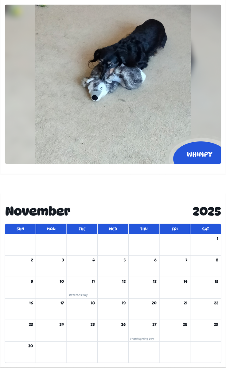 July 2025 - June 2026 Whimpy - Pawidols Pet Calendar