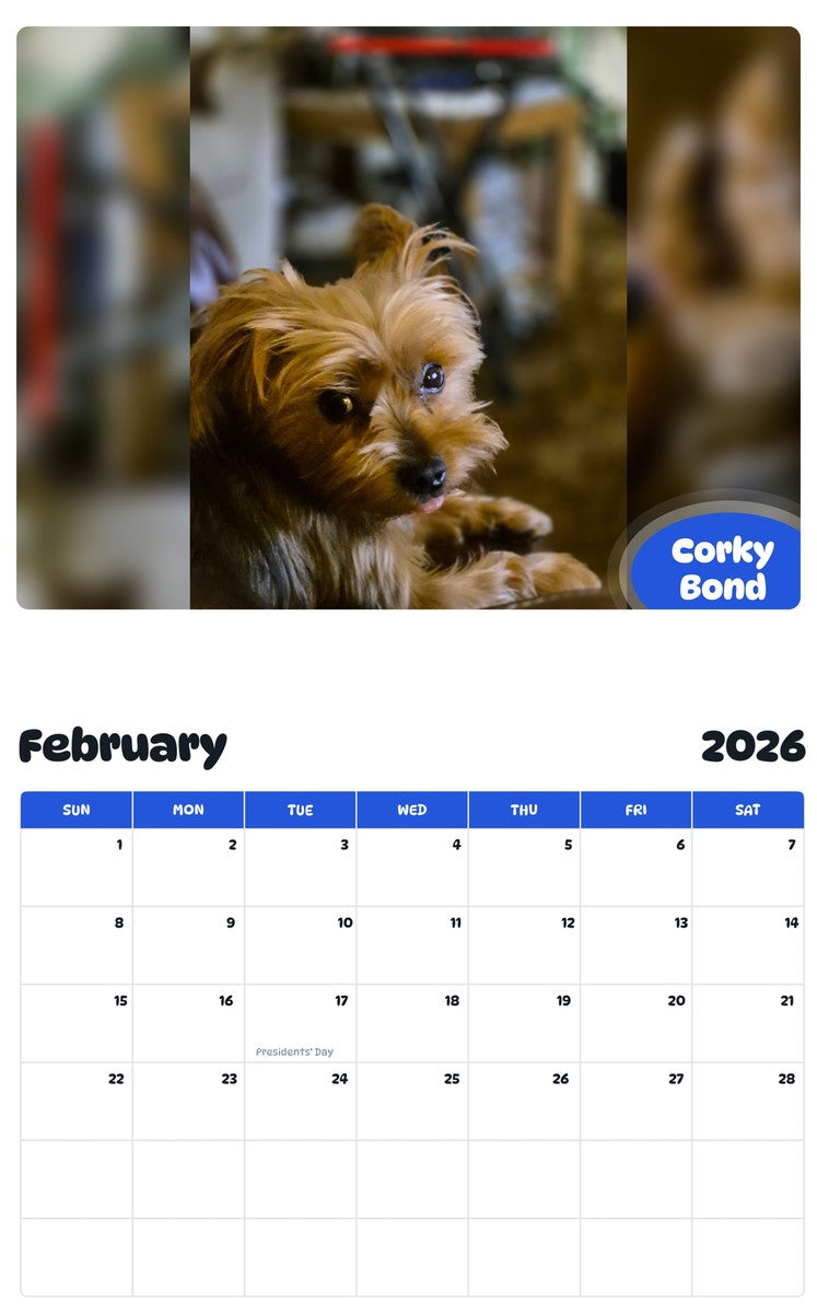 October 2025 - September 2026 Corky Bond - Pawidols Pet Calendar