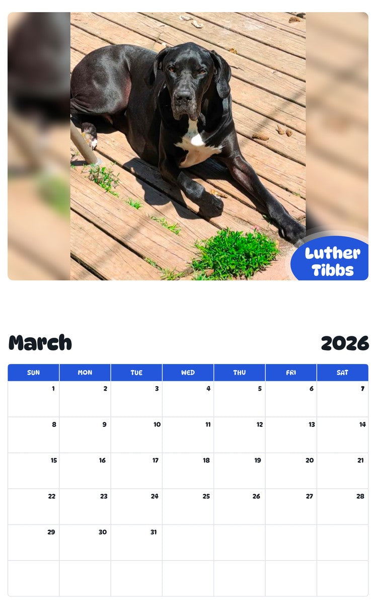 November 2025 - October 2026 Luther Tibbs - Pawidols Pet Calendar