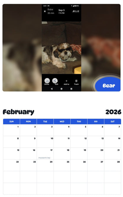 October 2025 - September 2026 Bear - Pawidols Pet Calendar