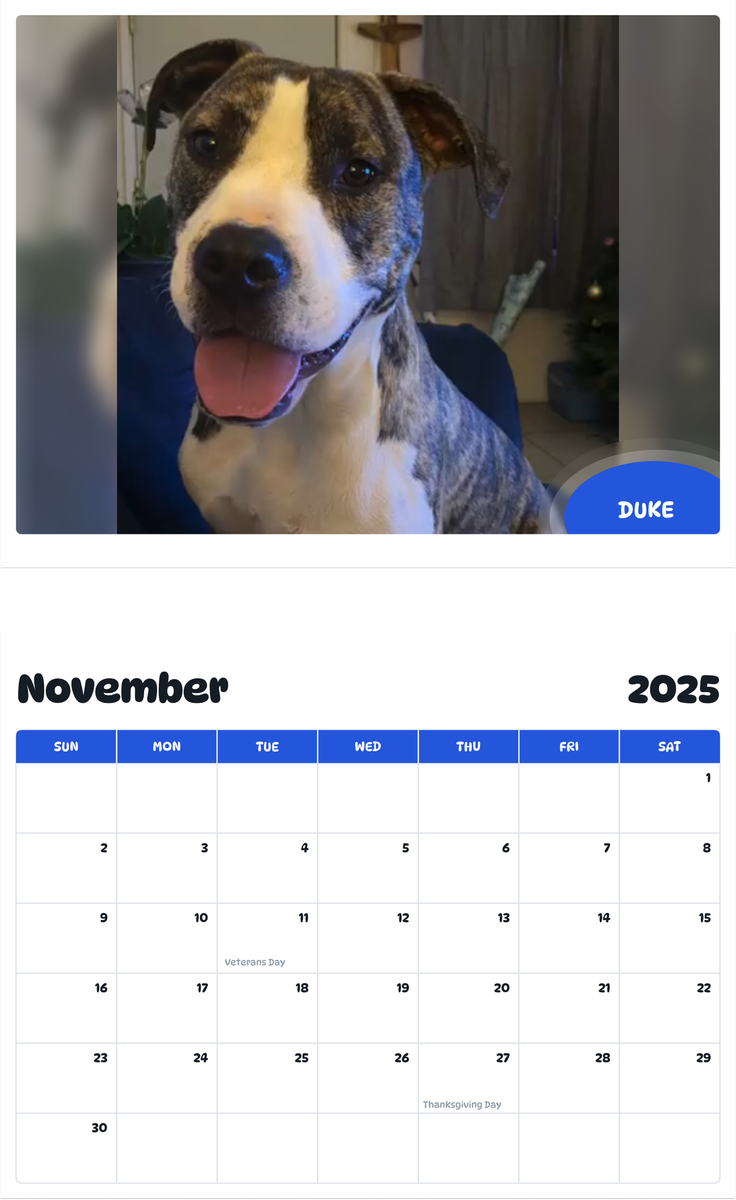 July 2025 - June 2026 Duke - Pawidols Pet Calendar