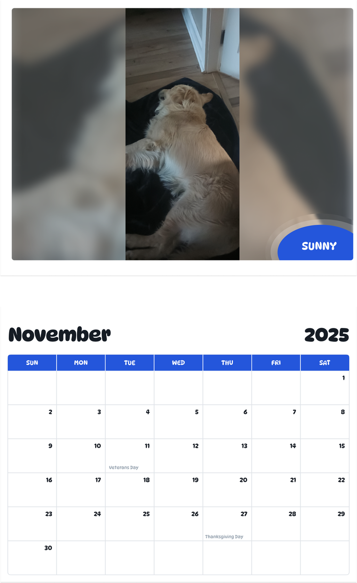 July 2025 - June 2026 Sunny - Pawidols Pet Calendar