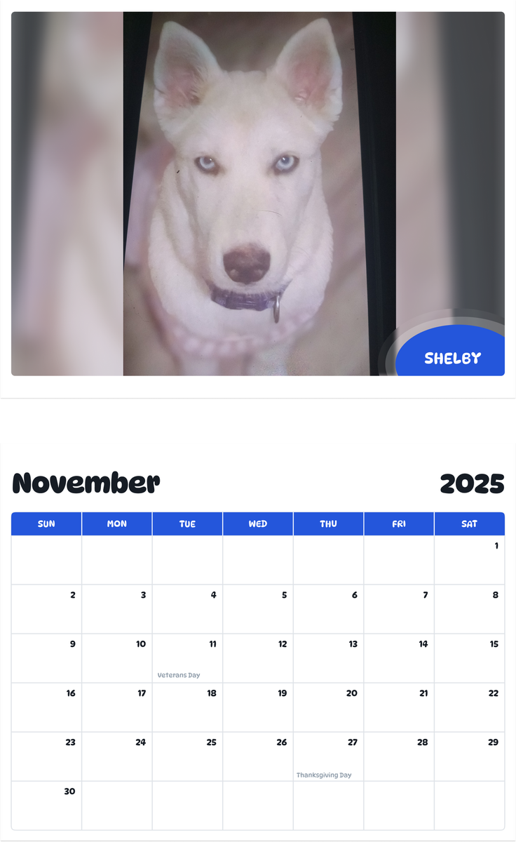 July 2025 - June 2026 Shelby - Pawidols Pet Calendar