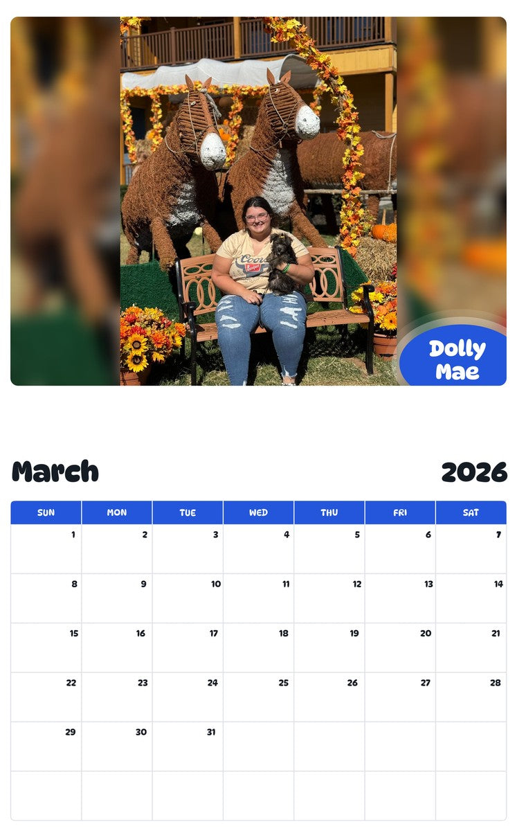 November 2025 - October 2026 Dolly Mae - Pawidols Pet Calendar
