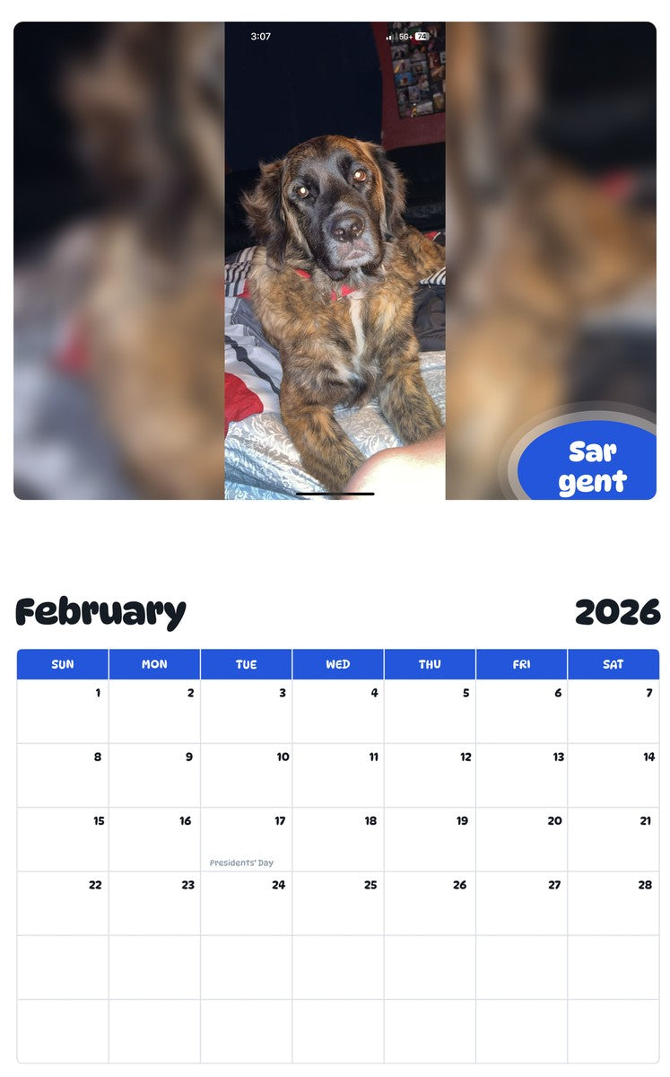 October 2025 - September 2026 Sargent - Pawidols Pet Calendar