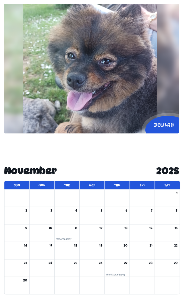 July 2025 - June 2026 Delilah - Pawidols Pet Calendar