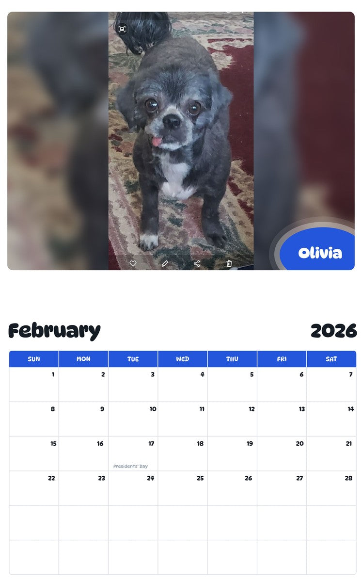 October 2025 - September 2026 Olivia - Pawidols Pet Calendar