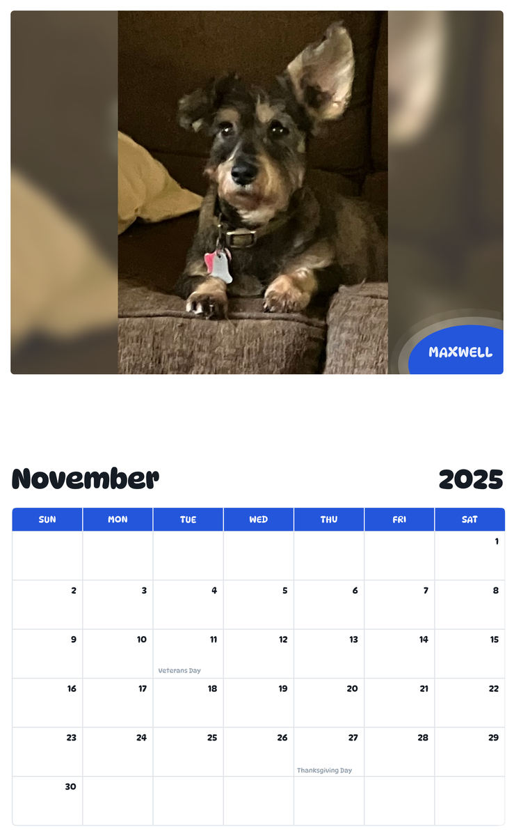 July 2025 - June 2026 Maxwell - Pawidols Pet Calendar