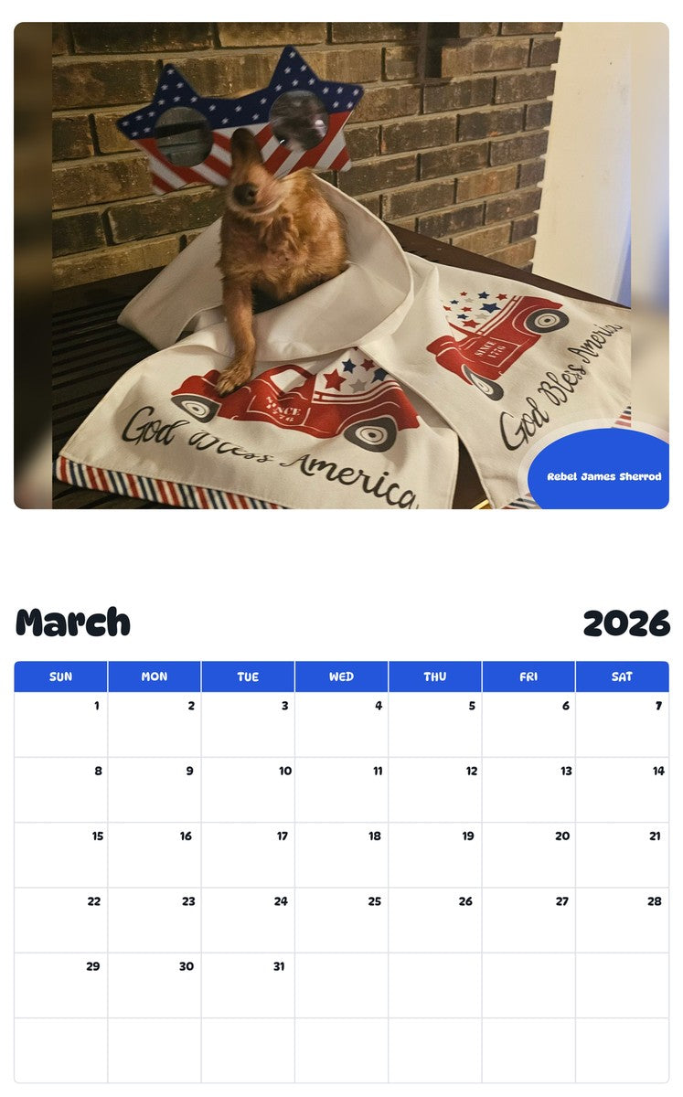 November 2025 - October 2026 Rebel  James  Sherrod - Pawidols Pet Calendar
