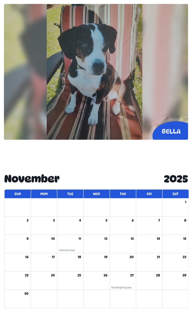 July 2025 - June 2026 Bella - Pawidols Pet Calendar