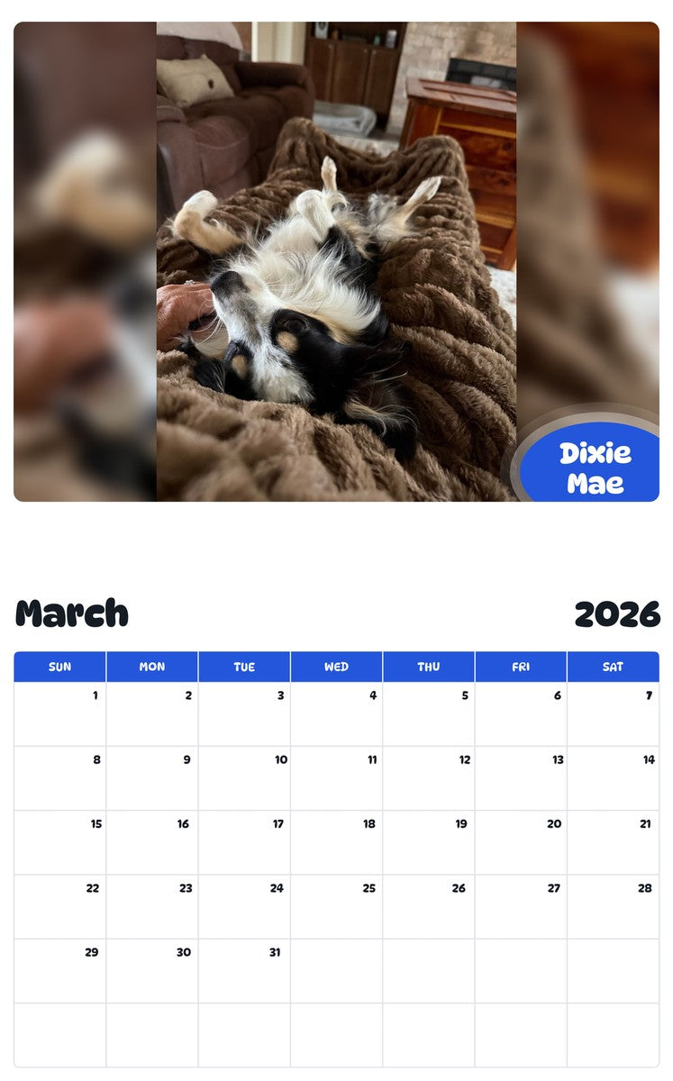 November 2025 - October 2026 Dixie Mae - Pawidols Pet Calendar