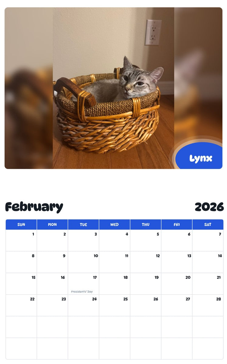 October 2025 - September 2026 Lynx - Pawidols Pet Calendar