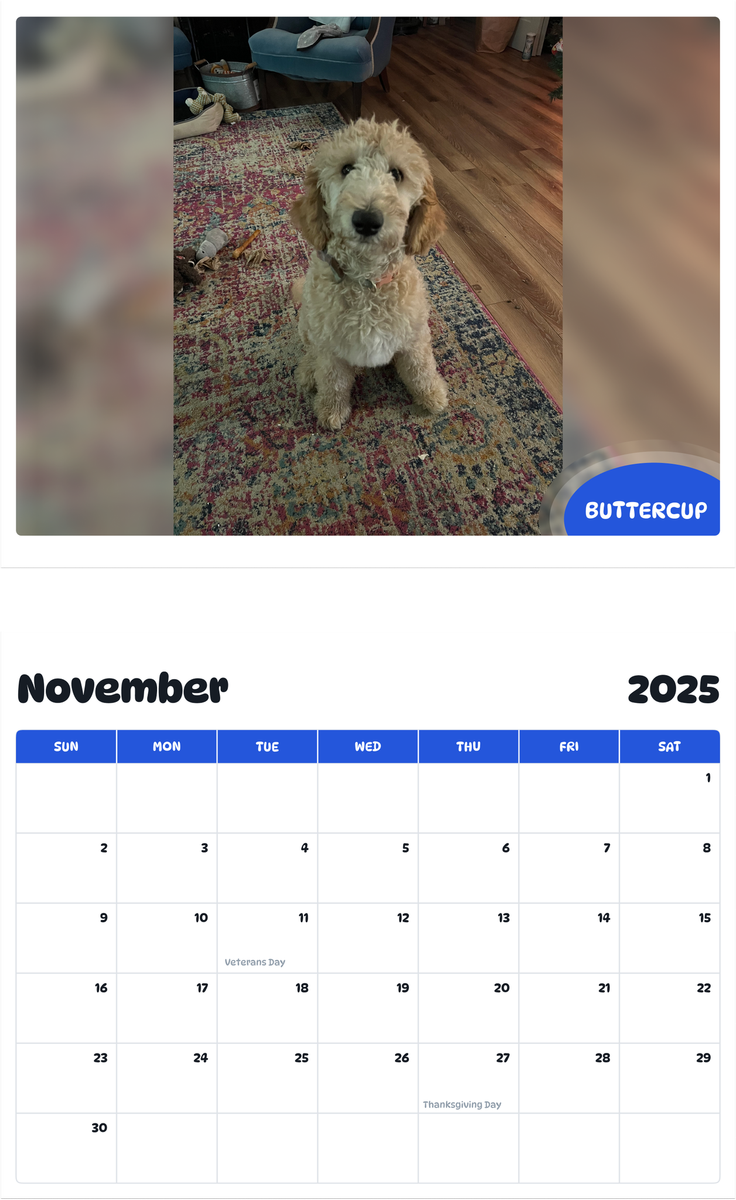 July 2025 - June 2026 Buttercup - Pawidols Pet Calendar