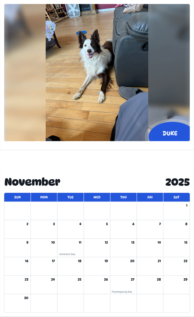 July 2025 - June 2026 Duke - Pawidols Pet Calendar