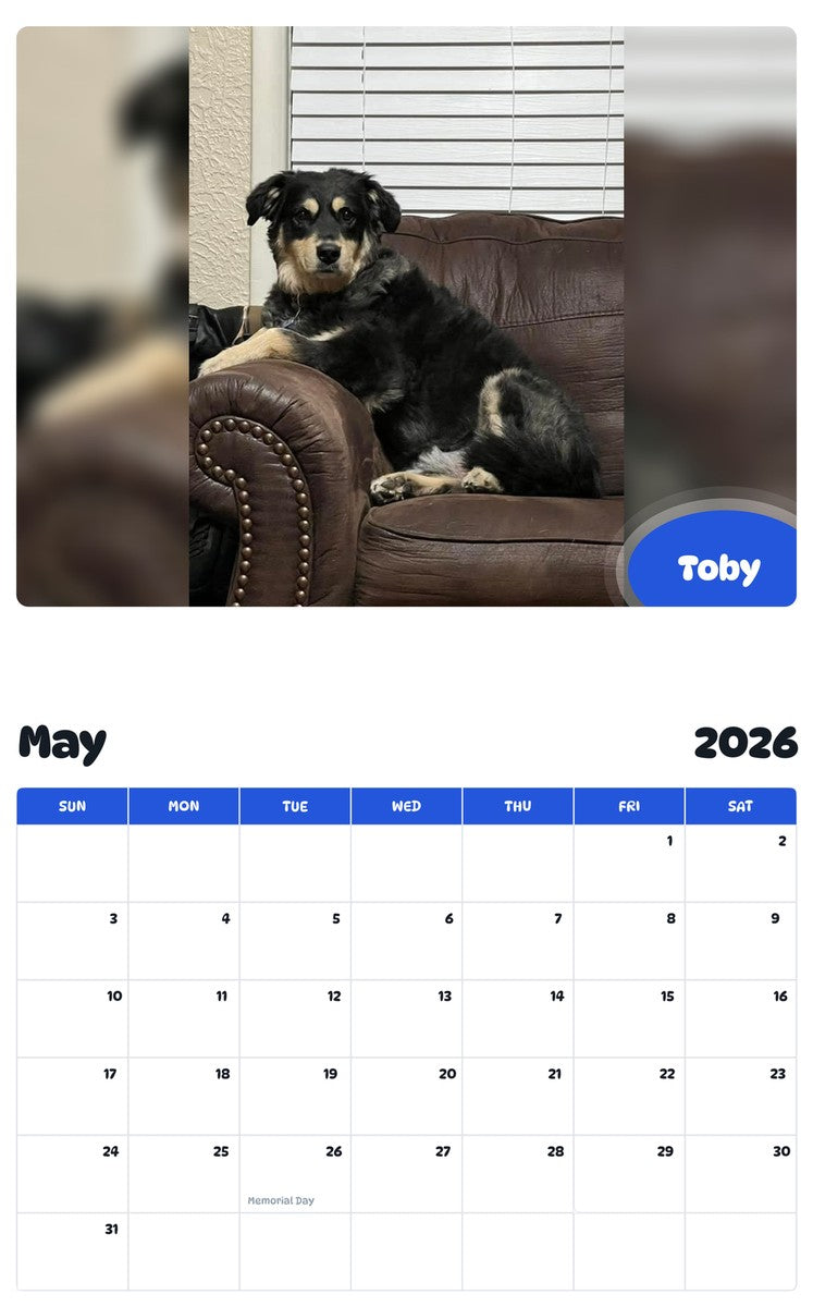 2026 - 2027 Toby - Pawidols Pet Calendar