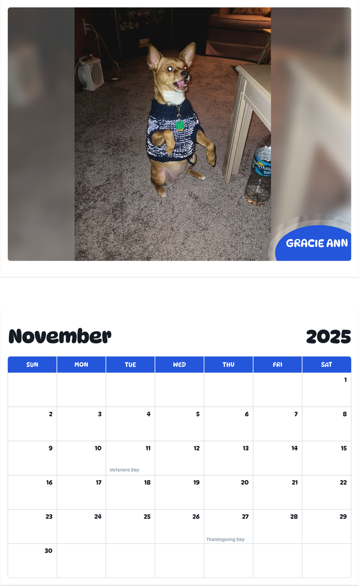 July 2025 - June 2026 Gracie. Ann - Pawidols Pet Calendar