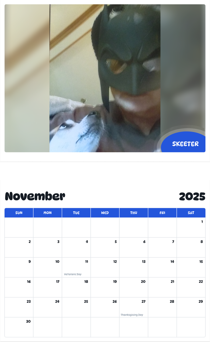July 2025 - June 2026 Skeeter - Pawidols Pet Calendar