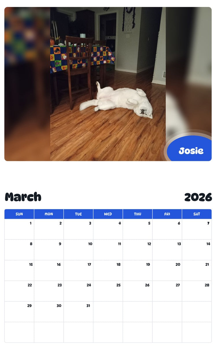 November 2025 - October 2026 Josie - Pawidols Pet Calendar