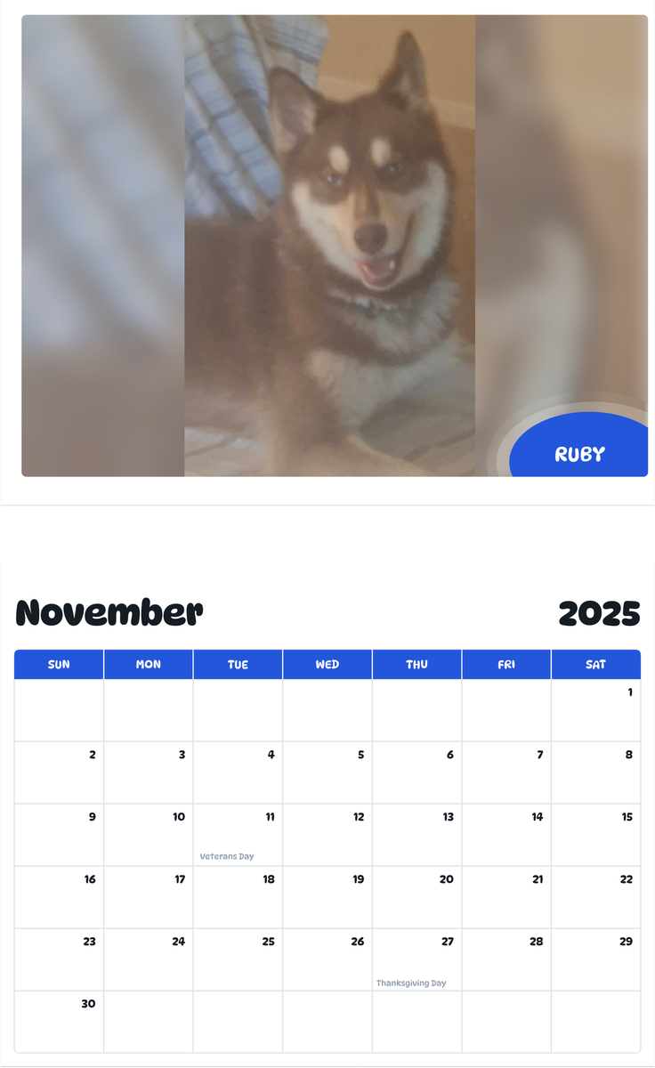 July 2025 - June 2026 Ruby - Pawidols Pet Calendar