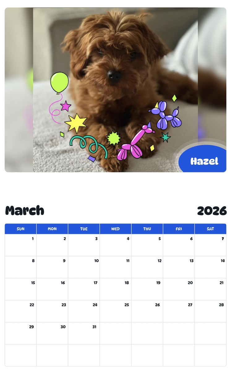 November 2025 - October 2026 Hazel - Pawidols Pet Calendar