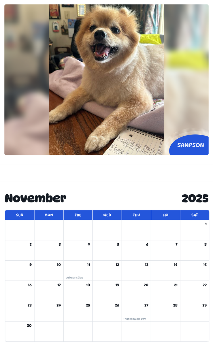 July 2025 - June 2026 Sampson - Pawidols Pet Calendar