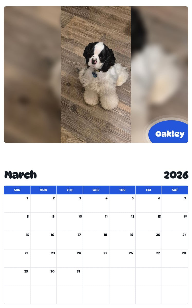 November 2025 - October 2026 Oakley - Pawidols Pet Calendar