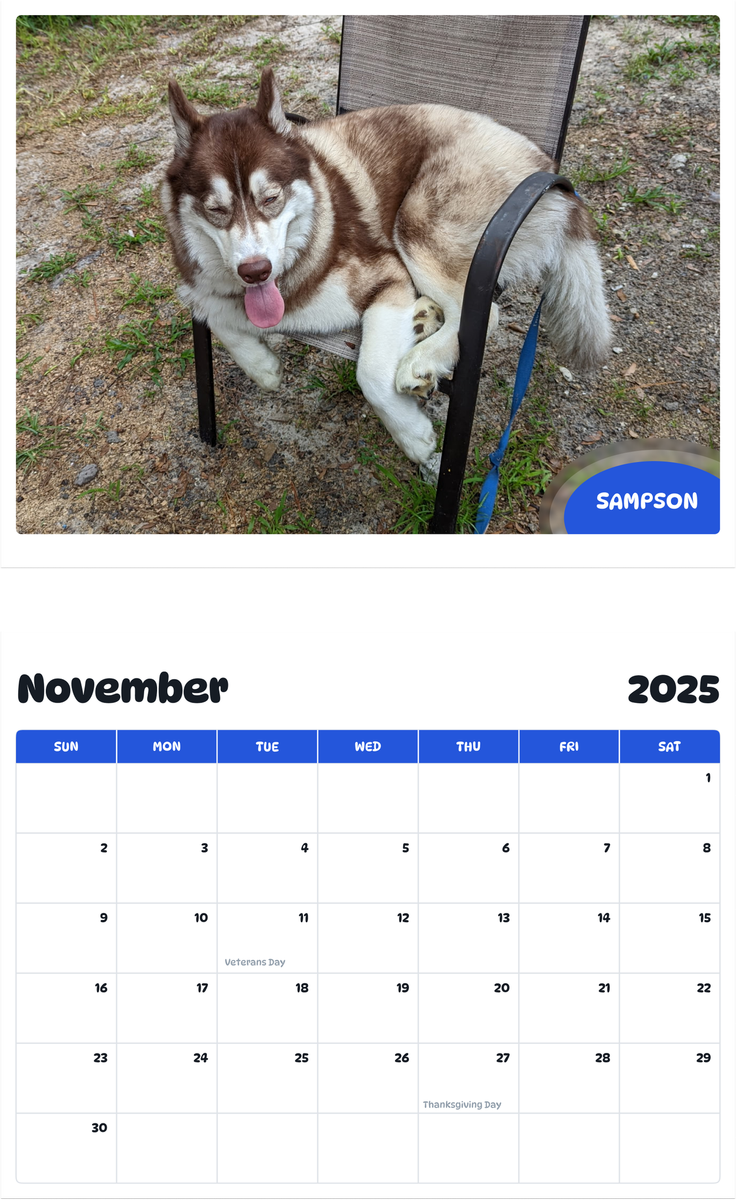 July 2025 - June 2026 Sampson - Pawidols Pet Calendar