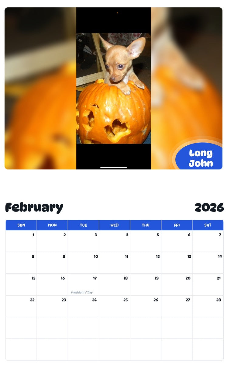 October 2025 - September 2026 Long John - Pawidols Pet Calendar