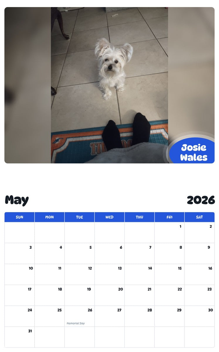 2026 - 2027 Josie Wales - Pawidols Pet Calendar
