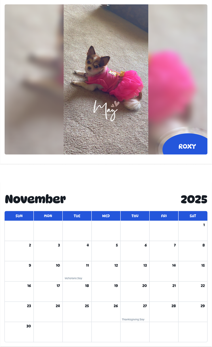 July 2025 - June 2026 Roxy - Pawidols Pet Calendar