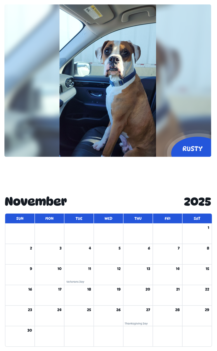 July 2025 - June 2026 Rusty - Pawidols Pet Calendar