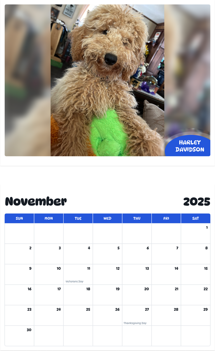 July 2025 - June 2026 Harley Davidson - Pawidols Pet Calendar