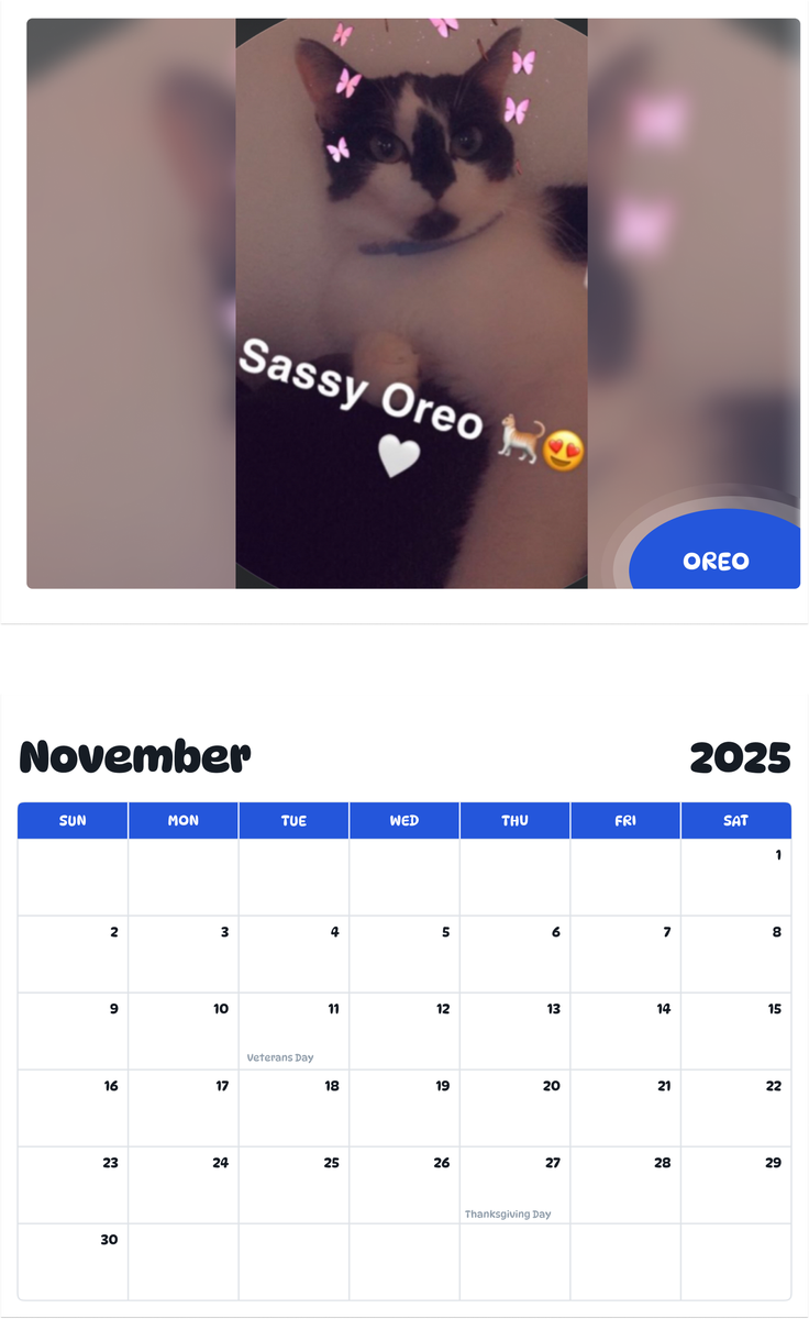July 2025 - June 2026 Oreo - Pawidols Pet Calendar