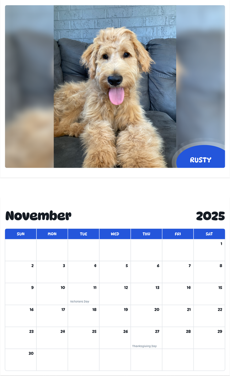 July 2025 - June 2026 Rusty - Pawidols Pet Calendar