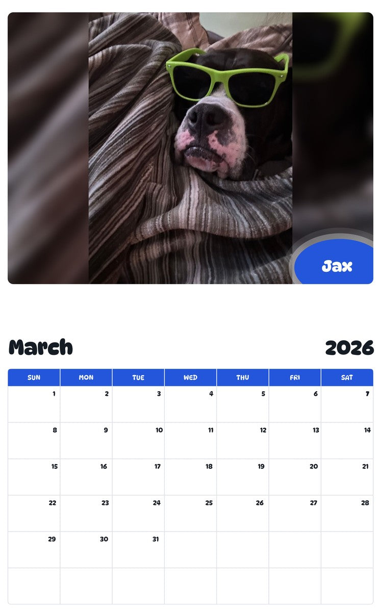 November 2025 - October 2026 Jax - Pawidols Pet Calendar