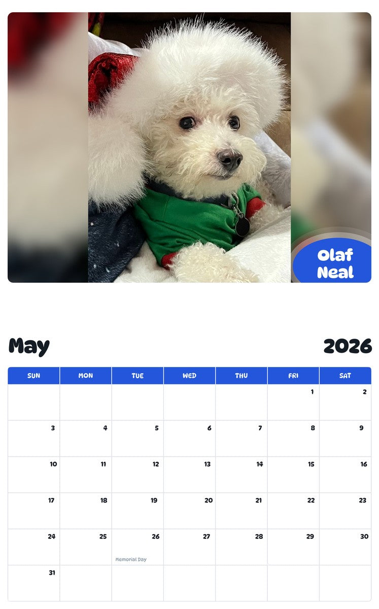 2026 - 2027 Olaf Neal - Pawidols Pet Calendar
