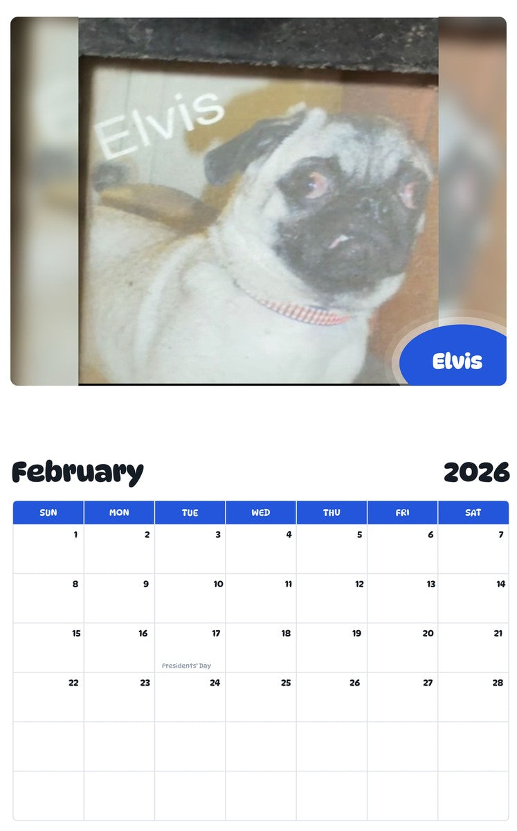 November 2025 - October 2026 Elvis - Pawidols Pet Calendar