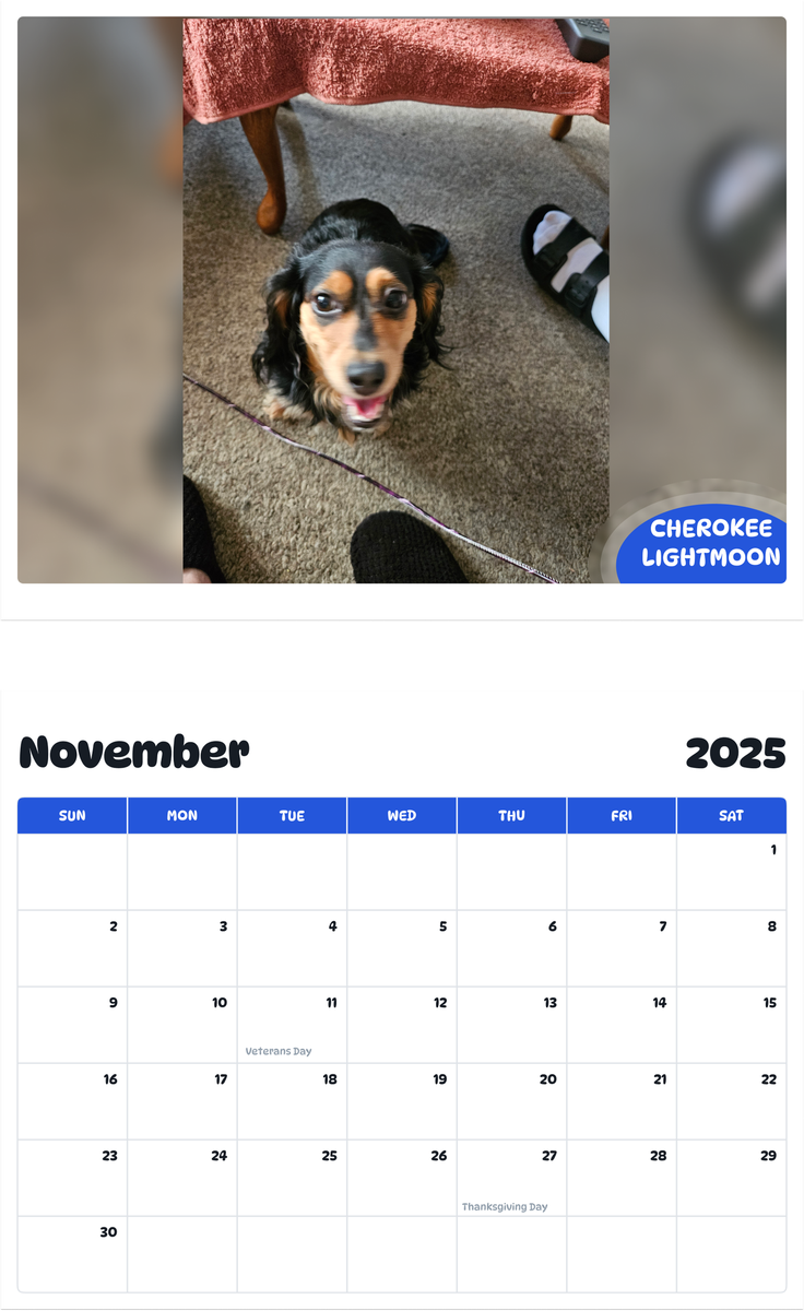 July 2025 - June 2026 Cherokee lightmoon - Pawidols Pet Calendar