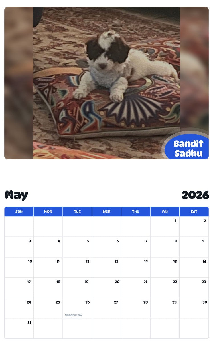 2026 - 2027 Bandit Sadhu - Pawidols Pet Calendar