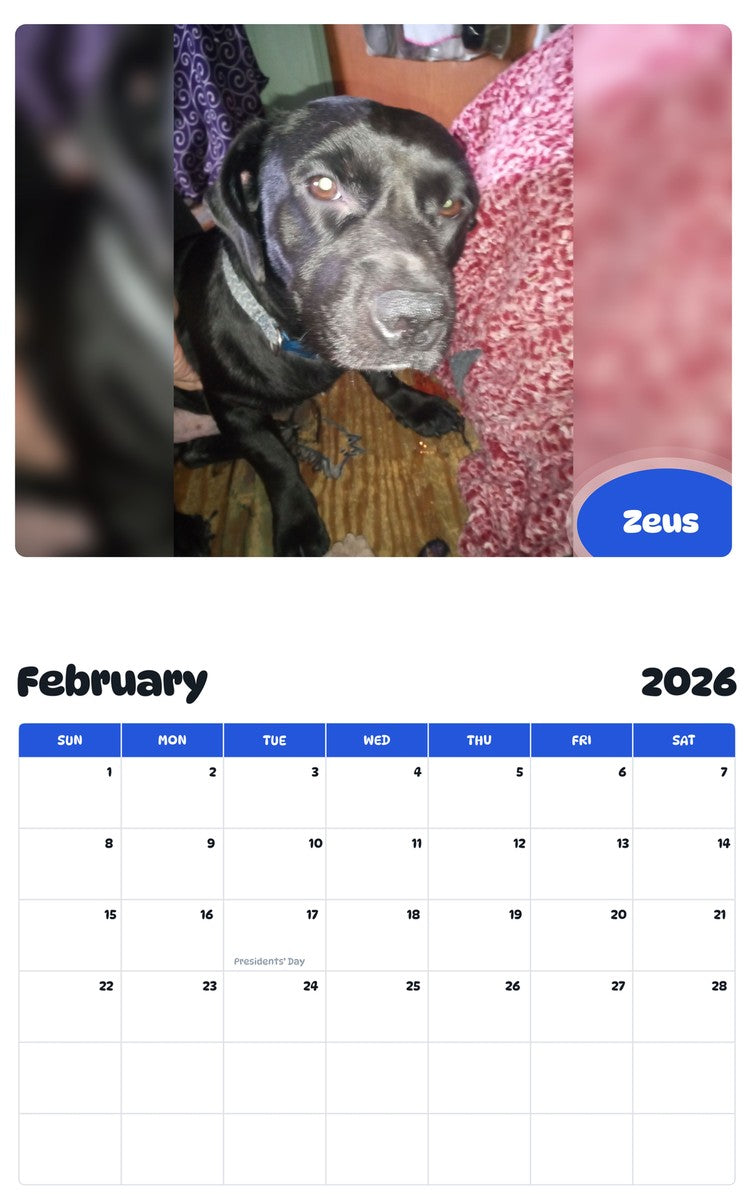 October 2025 - September 2026 Zeus - Pawidols Pet Calendar