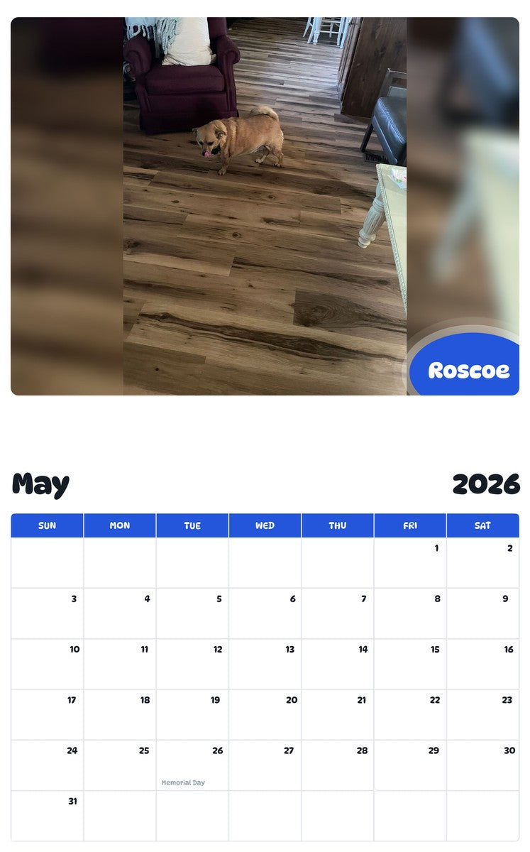 2026 - 2027 Roscoe - Pawidols Pet Calendar
