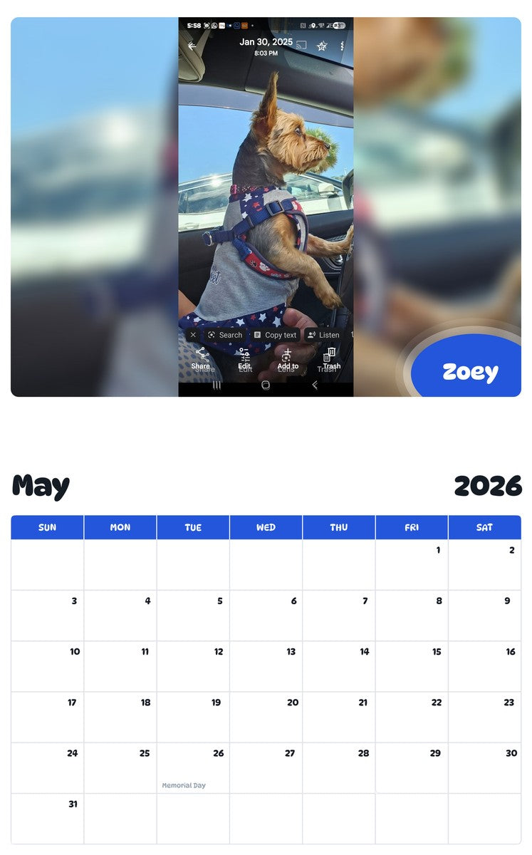2026 - 2027 Zoey - Pawidols Pet Calendar