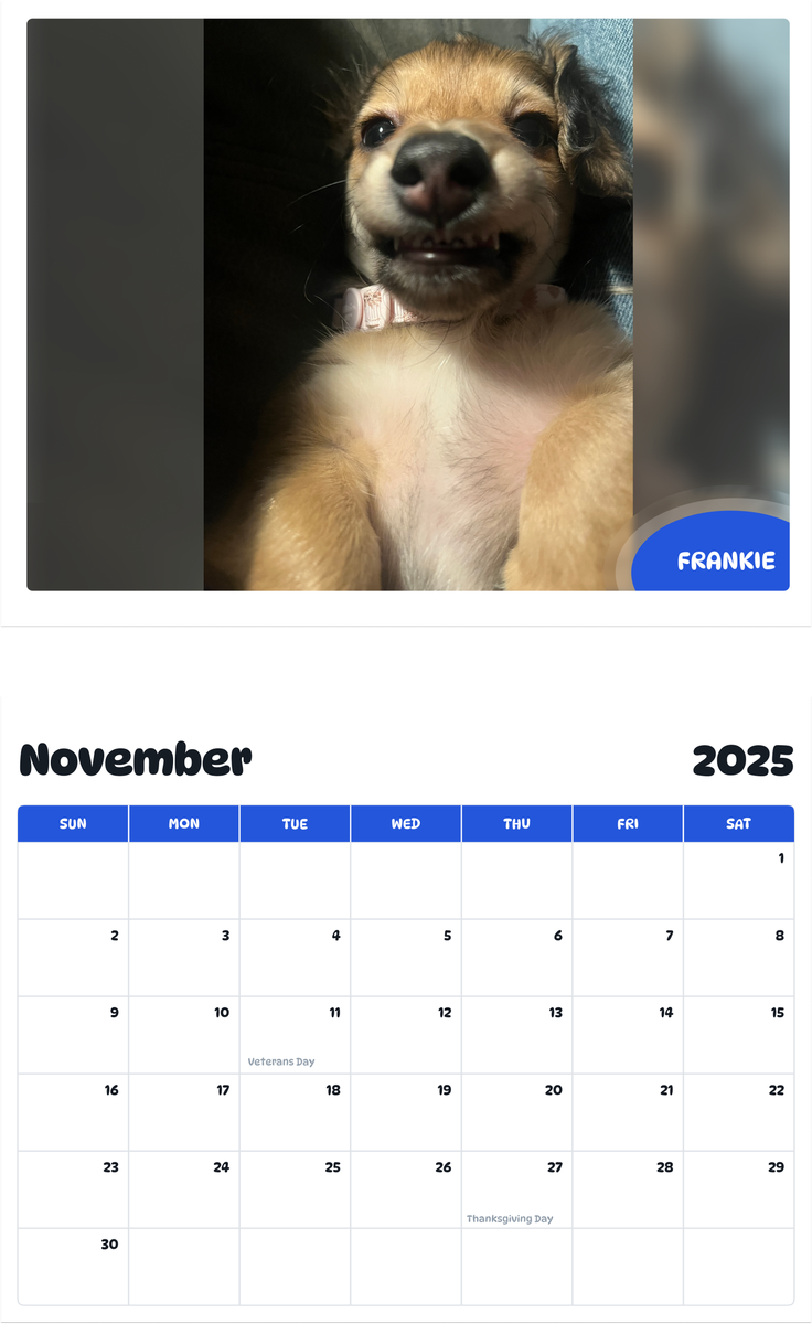 July 2025 - June 2026 Frankie - Pawidols Pet Calendar