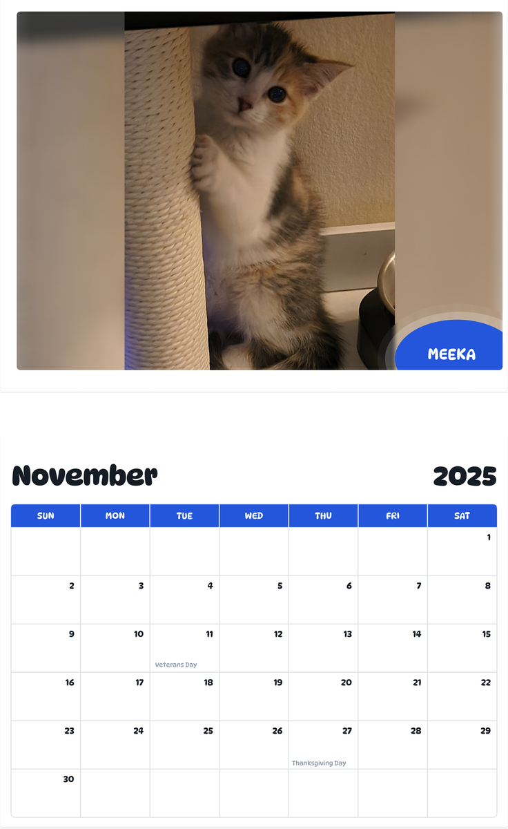 July 2025 - June 2026 Meeka - Pawidols Pet Calendar