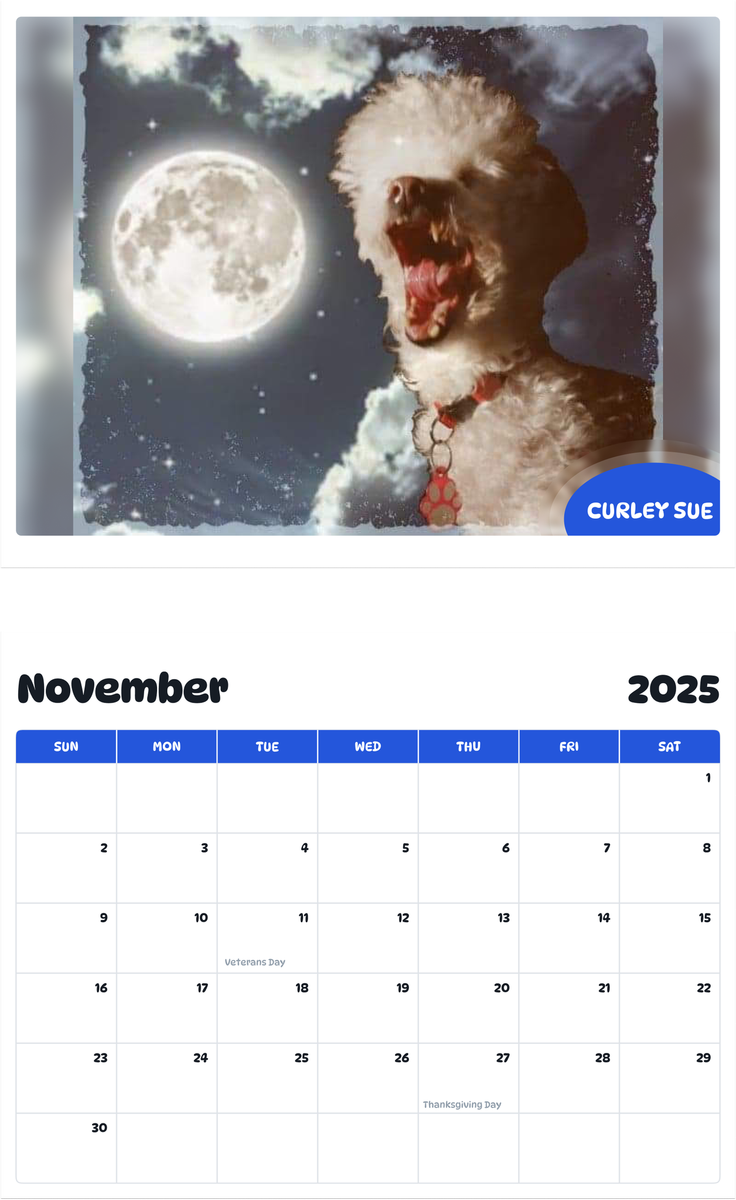 July 2025 - June 2026 Curley Sue - Pawidols Pet Calendar