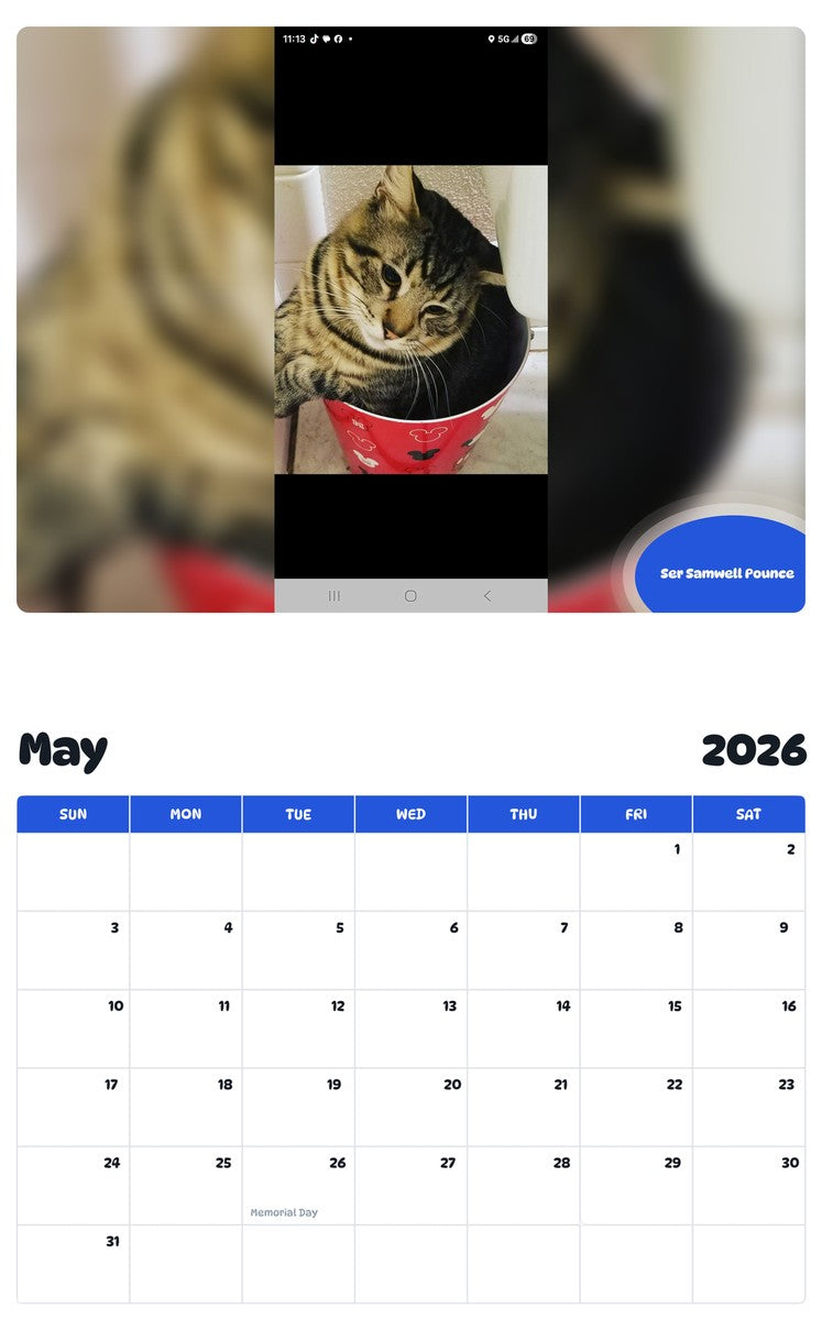 2026 - 2027 Ser Samwell Pounce - Pawidols Pet Calendar
